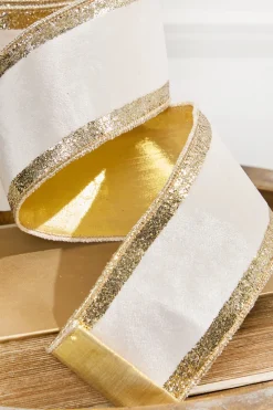 Decorator's Warehouse 4" x 10 Yard Ivory Velvet with Gold Stripe Ribbon > Christmas Ribbon|Christmas Decor