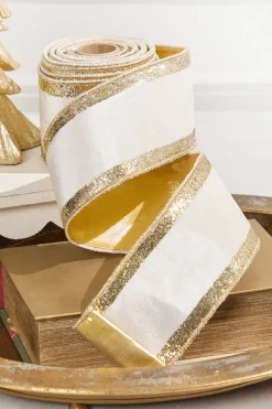 Decorator's Warehouse 4" x 10 Yard Ivory Velvet with Gold Stripe Ribbon > Christmas Ribbon|Christmas Decor