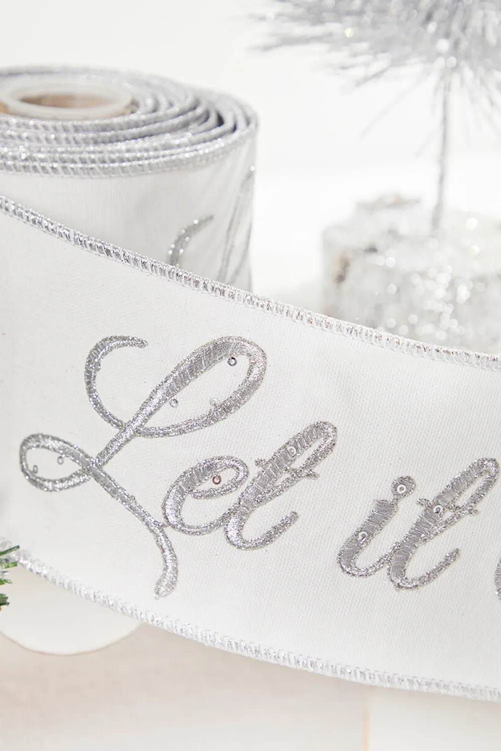 Decorator's Warehouse 4" x 5 Yard Let It Snow White Embroidered Ribbon > White Christmas|Christmas Decor