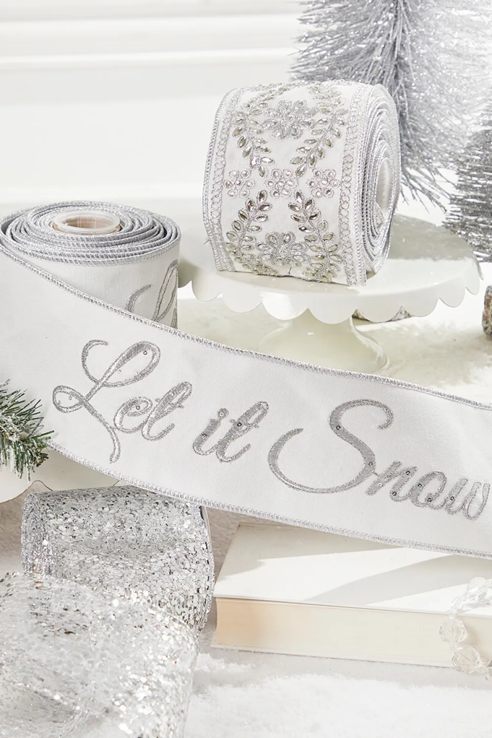 Decorator's Warehouse 4" x 5 Yard Let It Snow White Embroidered Ribbon > White Christmas|Christmas Decor