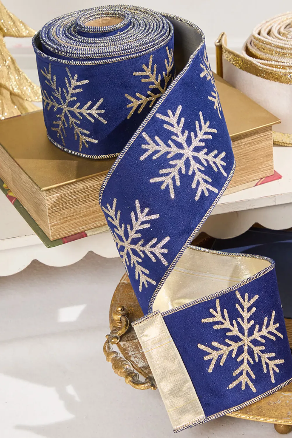 Decorator's Warehouse 4" x 10 Yard Navy Velvet with Gold Snowflake Ribbon > Christmas Ribbon|Christmas Decor