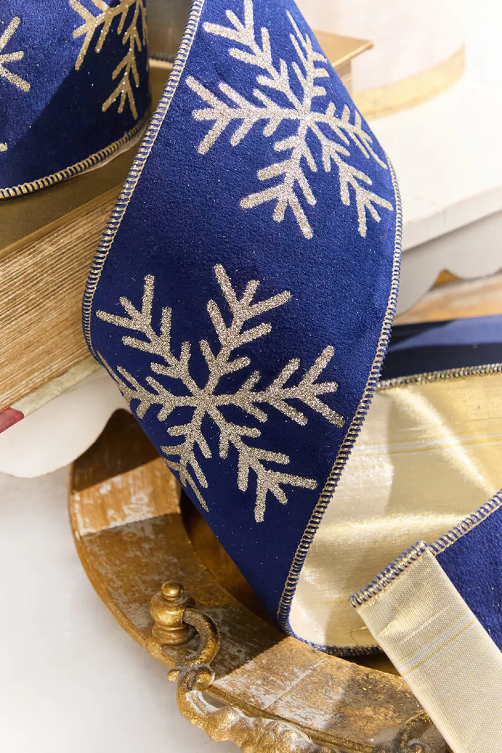 Decorator's Warehouse 4" x 10 Yard Navy Velvet with Gold Snowflake Ribbon > Christmas Ribbon|Christmas Decor