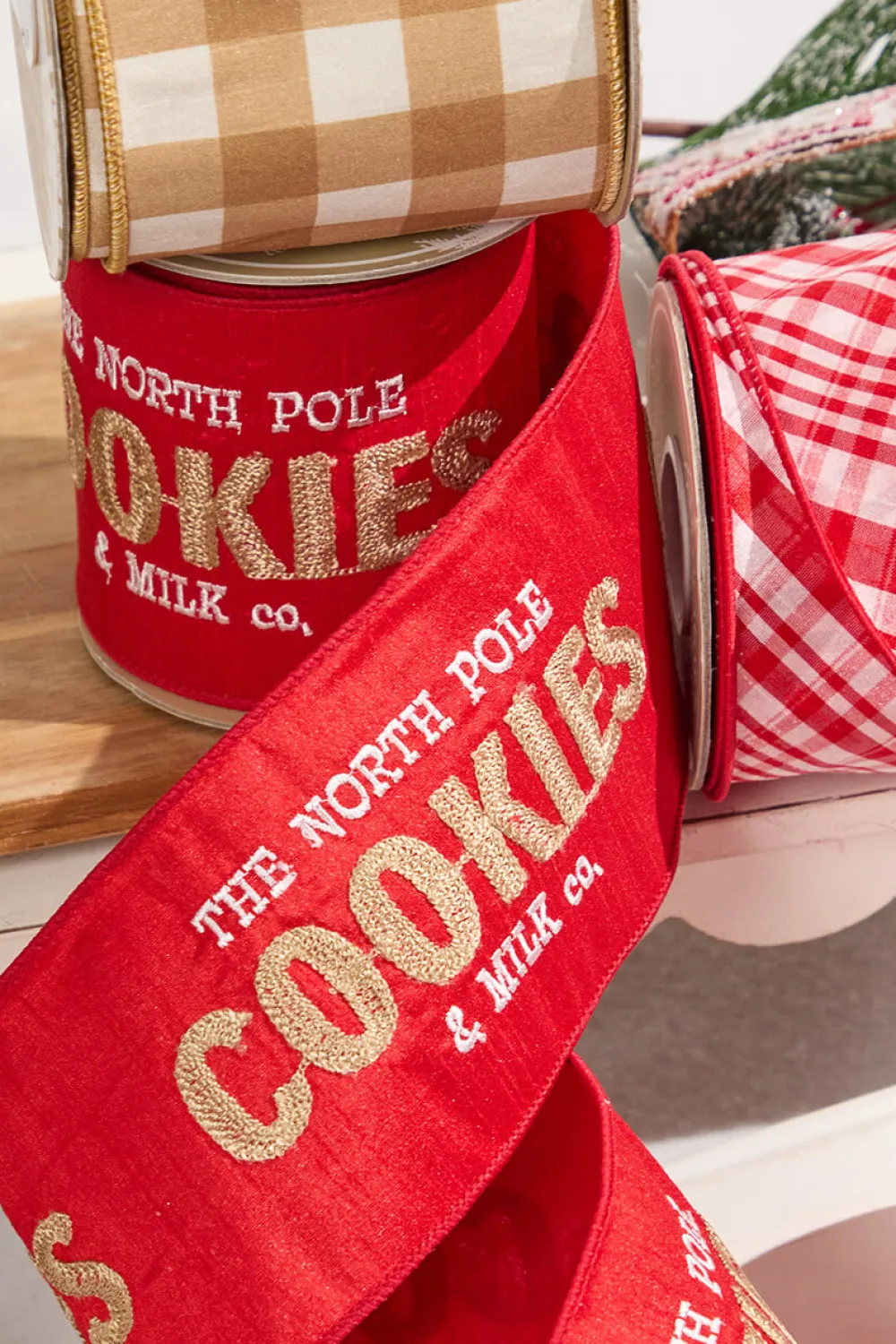 Decorator's Warehouse 4" x 5 Yard North Pole Cookies & Milk Co. Embroidered Red > Kristin'S Picks|Christmas Ribbon