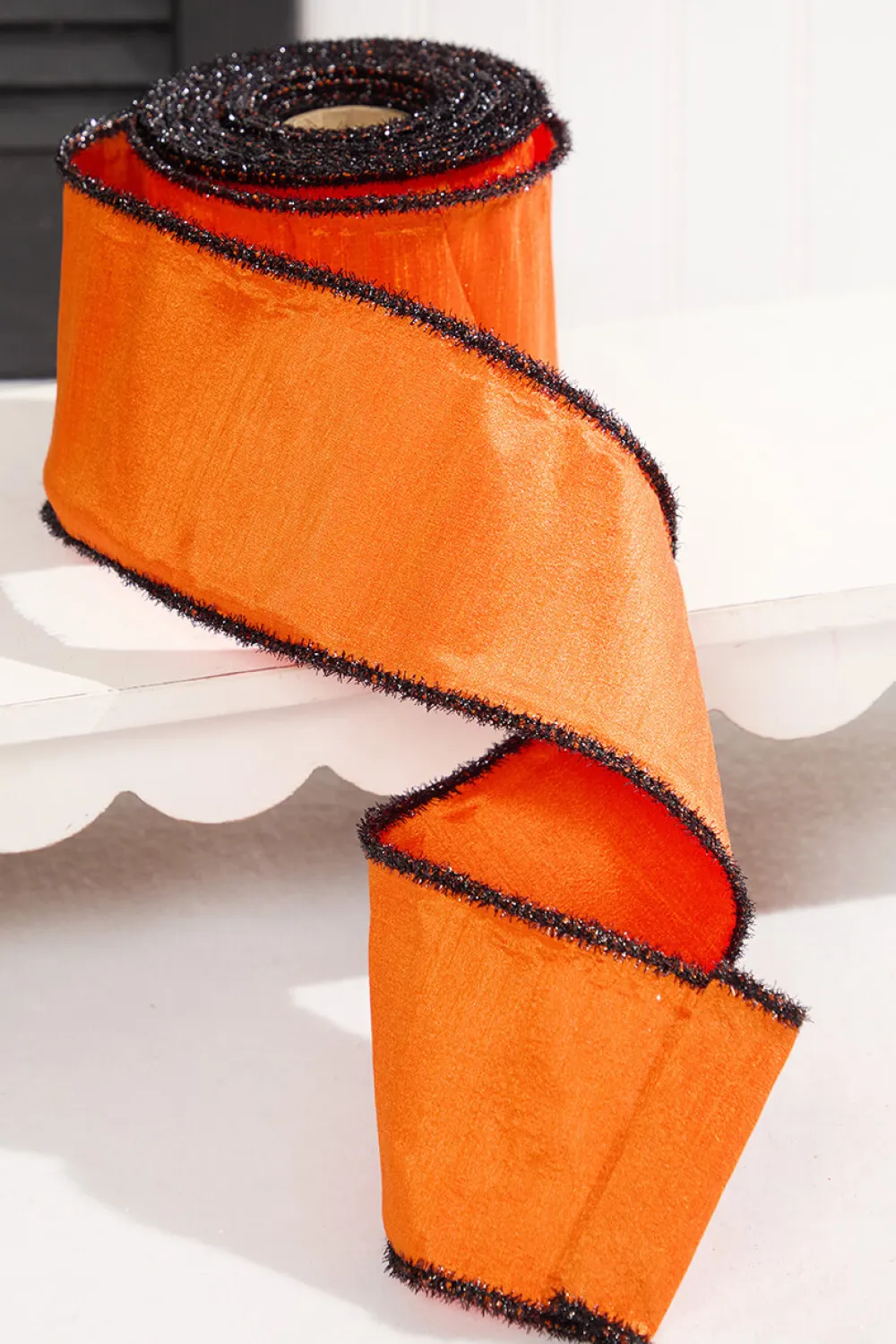 Decorator's Warehouse 4" x 10 Yard Orange Dupioni with Black Tinsel Edge Ribbon > Halloween|Halloween