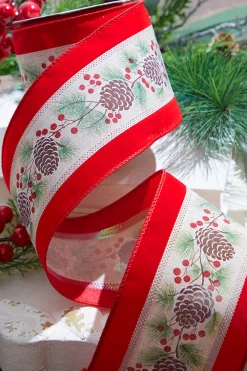 Decorator's Warehouse 4" x 10 Yard Pinecone and Berry Wired Ribbon > Cardinal|Christmas Ribbon