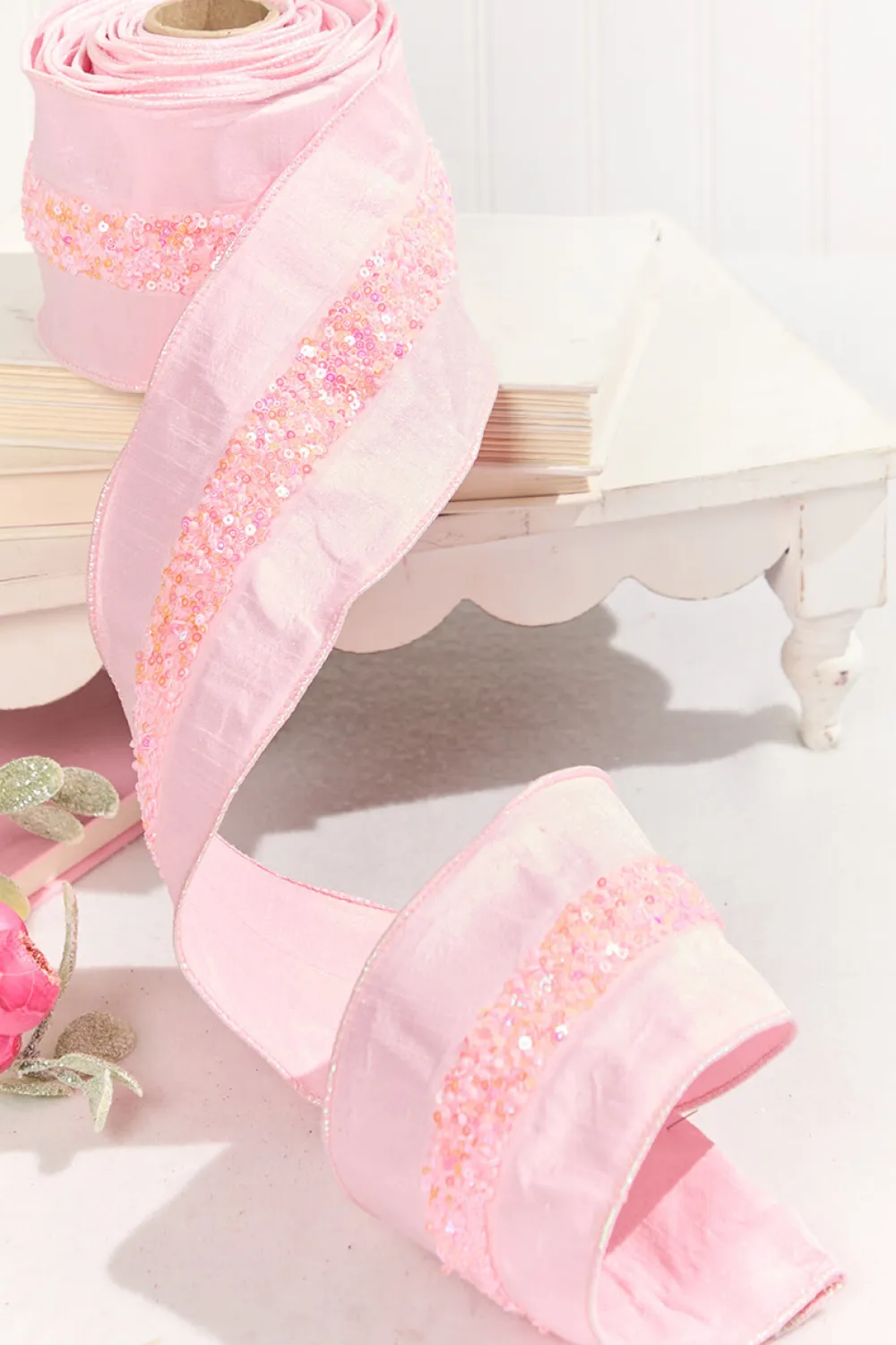 Decorator's Warehouse 4" x 5 Yard Pink Embellished Center Ribbon > Christmas Ribbon|Valentine'S Ribbon