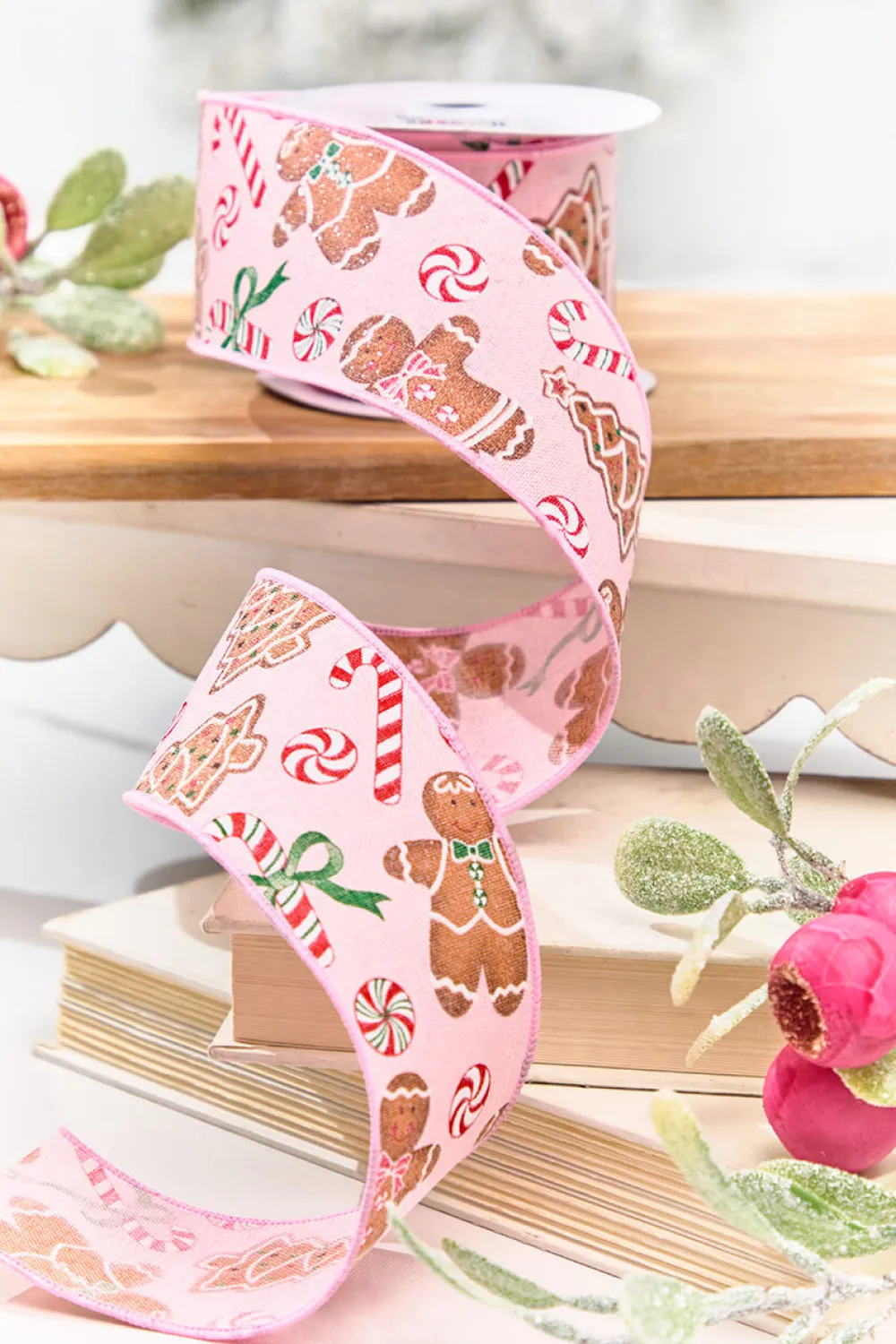 Decorator's Warehouse 2.5" x 10 Yard Pink Gingerbread with Candy Ribbon > Christmas Decor|Christmas Ribbon