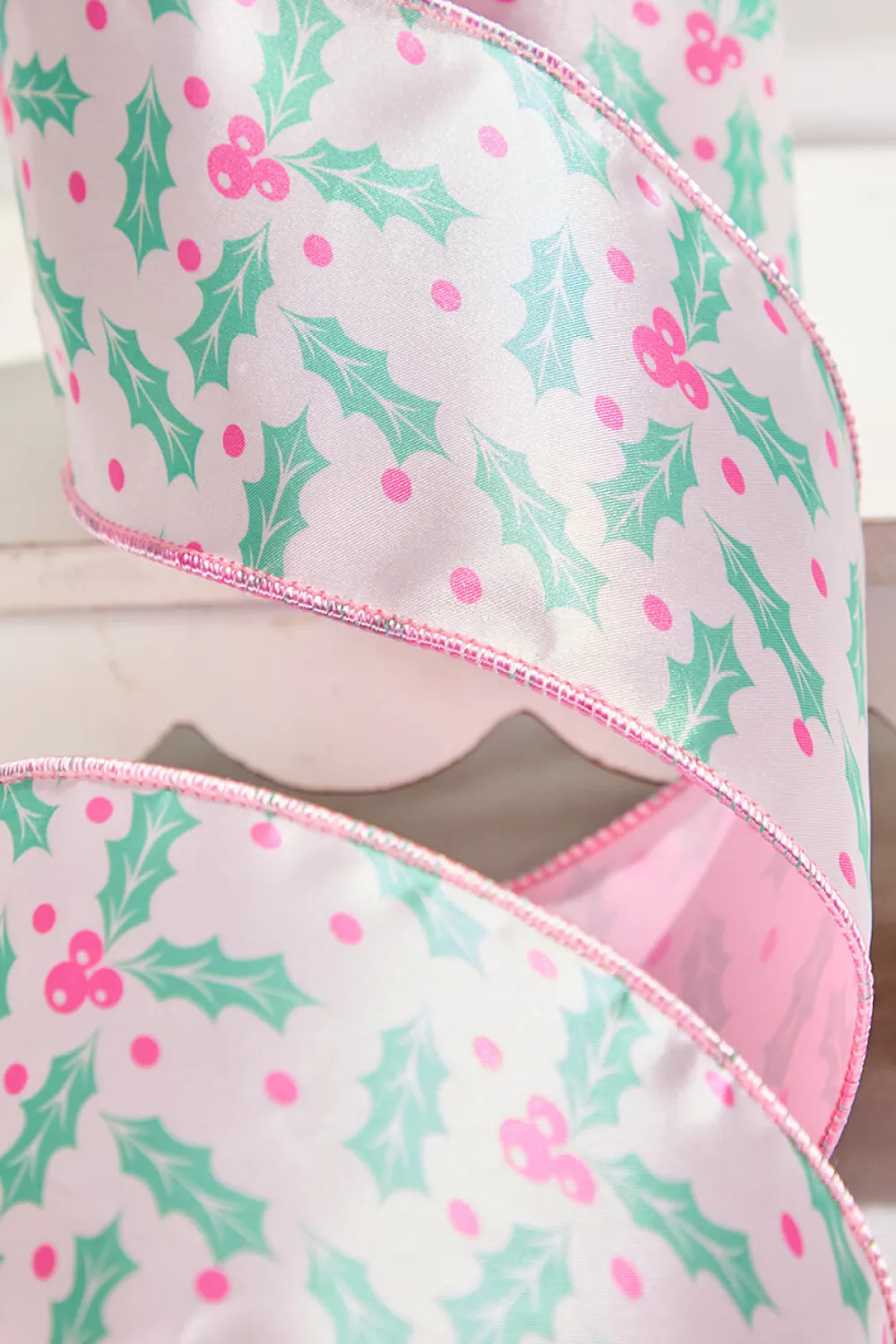 Decorator's Warehouse 4" x 10 Yard Pink Holly Leaf Ribbon > Santa'S Sweet Shoppe|Christmas Ribbon