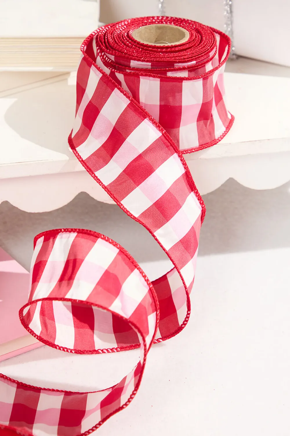 Decorator's Warehouse 2.5" x 10 Yard Red and White Checked Ribbon > Christmas Ribbon|Valentine'S Ribbon