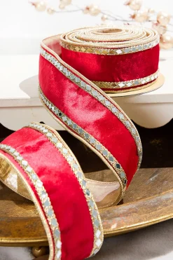 Decorator's Warehouse 2.5" x 5 Yard Red Dupion with Gold Sequin Trim Ribbon > Traditional|Classic Christmas