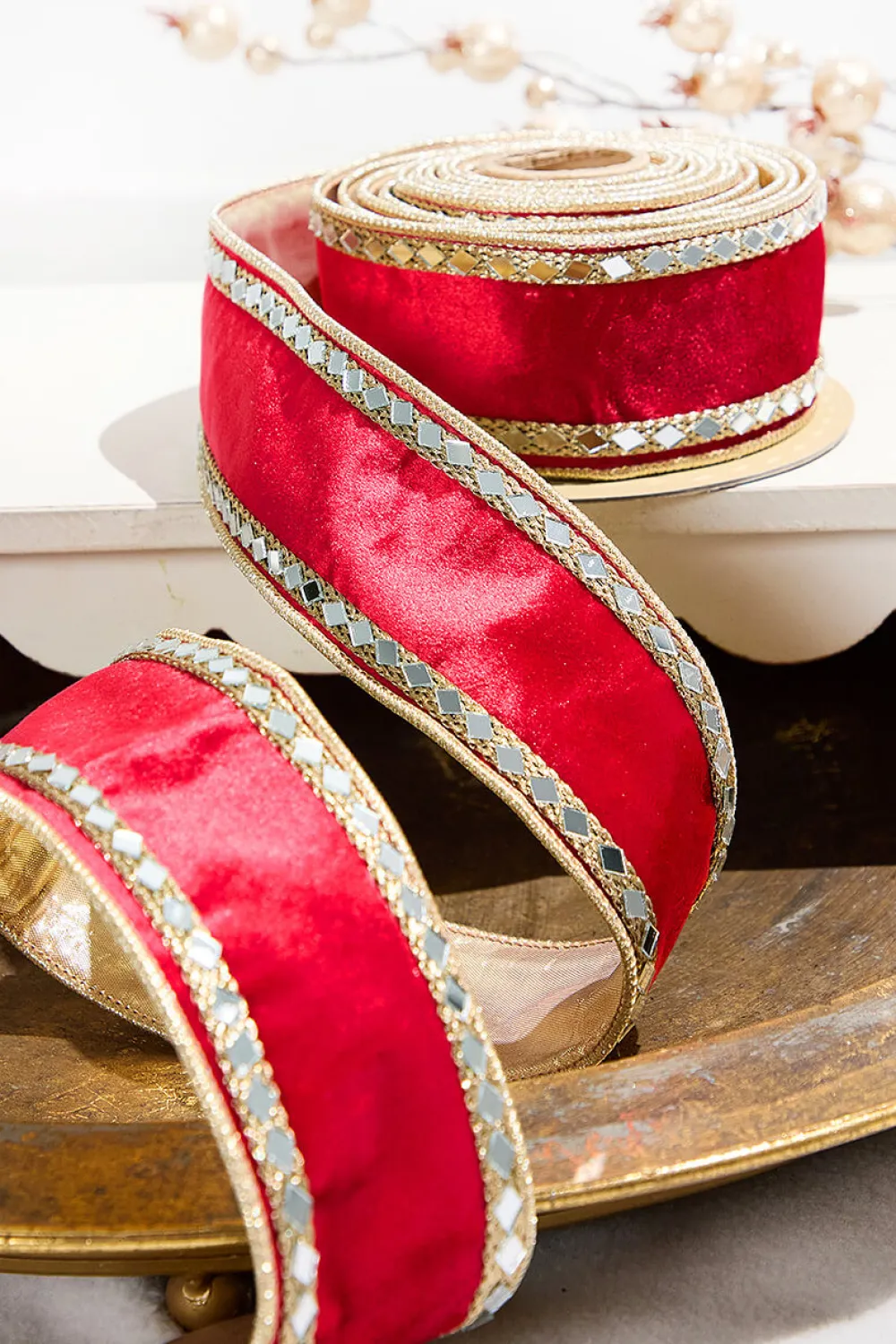 Decorator's Warehouse 2.5" x 5 Yard Red Dupion with Gold Sequin Trim Ribbon > Traditional|Classic Christmas