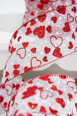 Decorator's Warehouse 2.5" X 10 Yard Red Glitter Heart Sheer White Ribbon > Valentine'S Ribbon|Christmas Decor