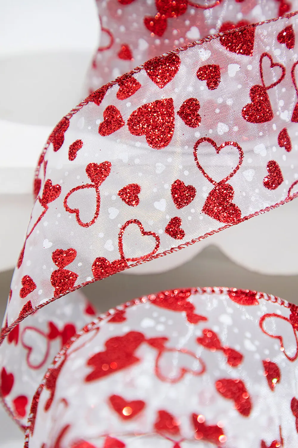 Decorator's Warehouse 2.5" X 10 Yard Red Glitter Heart Sheer White Ribbon > Valentine'S Ribbon|Christmas Decor