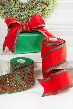 Decorator's Warehouse 4” x 5 Yard Red & Green Piping Velvet Metallic Dupion Ribbon > Christmas Ribbon|Christmas Decor