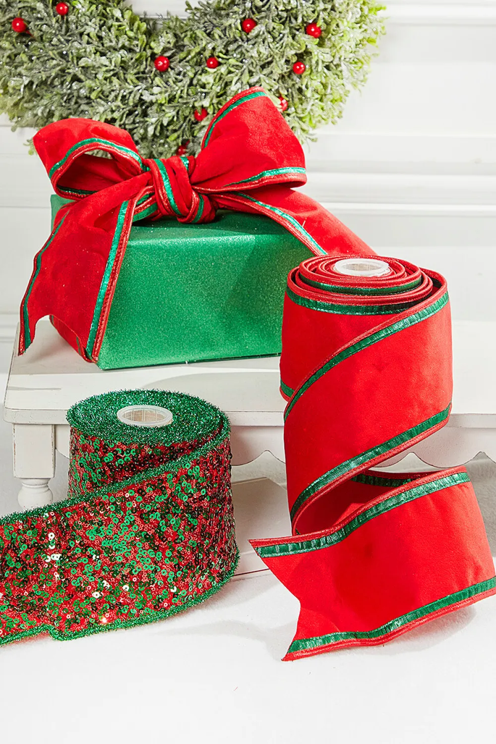 Decorator's Warehouse 4” x 5 Yard Red & Green Piping Velvet Metallic Dupion Ribbon > Christmas Ribbon|Christmas Decor
