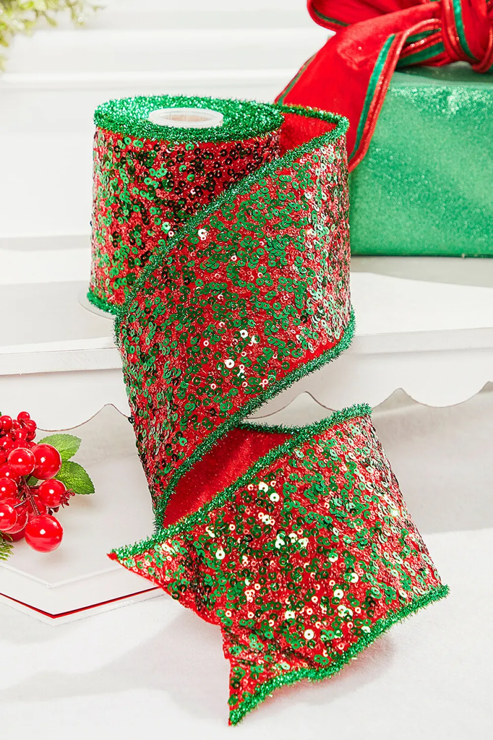 Decorator's Warehouse 4" x 5 Yard Red/Green Sequin Dupioni Ribbon > Best Sellers|Traditional