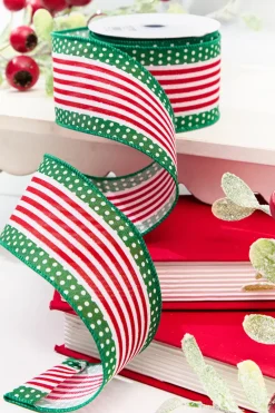 Decorator's Warehouse 2.5" x 10 Yard Red & Green Stripes with Polka Dots Ribbon > Christmas Decor|Christmas Ribbon