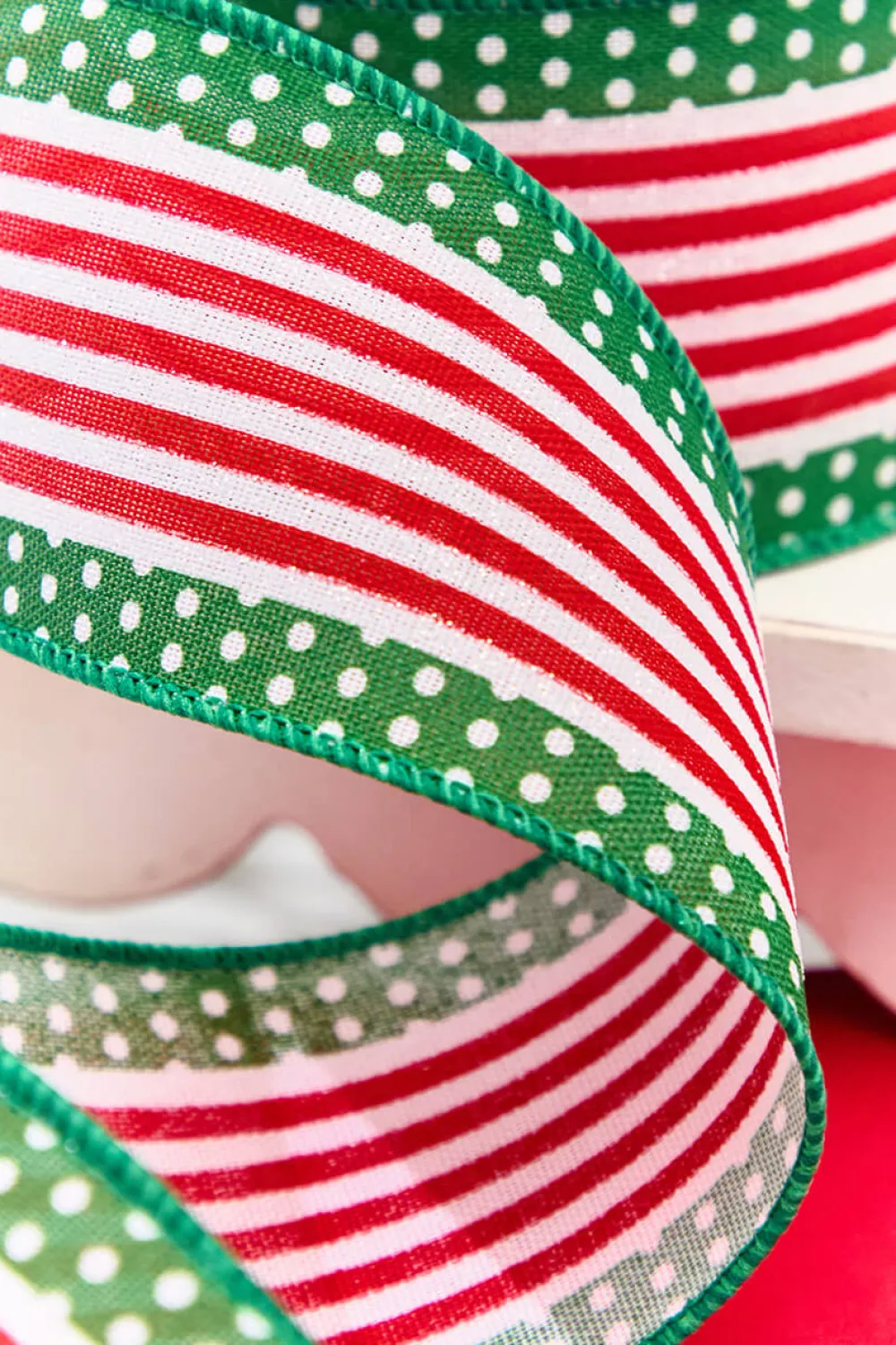 Decorator's Warehouse 2.5" x 10 Yard Red & Green Stripes with Polka Dots Ribbon > Christmas Decor|Christmas Ribbon