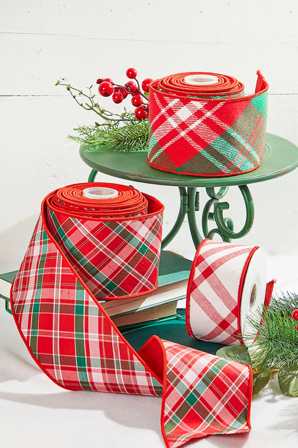 Decorator's Warehouse 4" x 10 Yard Red/Green/White Holiday Plaid Dupioni Ribbon > Cardinal|Christmas Ribbon