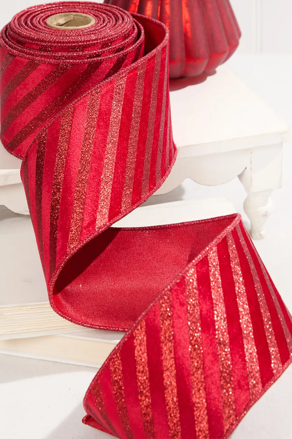 Decorator's Warehouse 4" x 10 Yard Red Velvet with Red Glitter Stripe Ribbon > Christmas Decor|Christmas Ribbon
