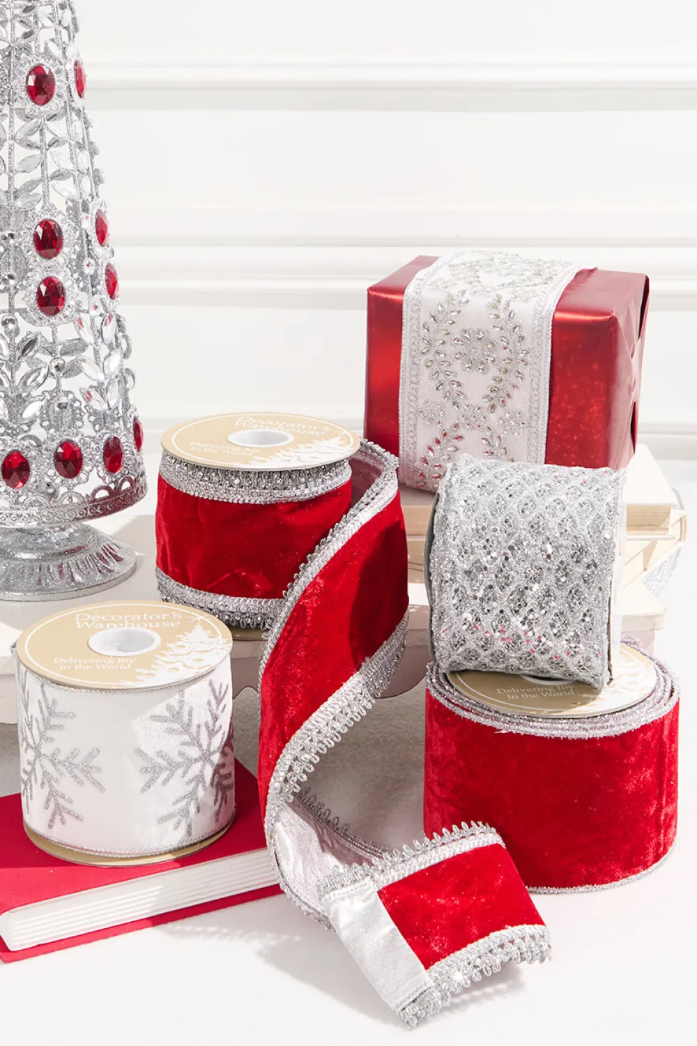 Decorator's Warehouse 4" x 5 Yard Red Velvet with Silver Jewel Trim Ribbon > Kristin'S Picks|Red & Silver
