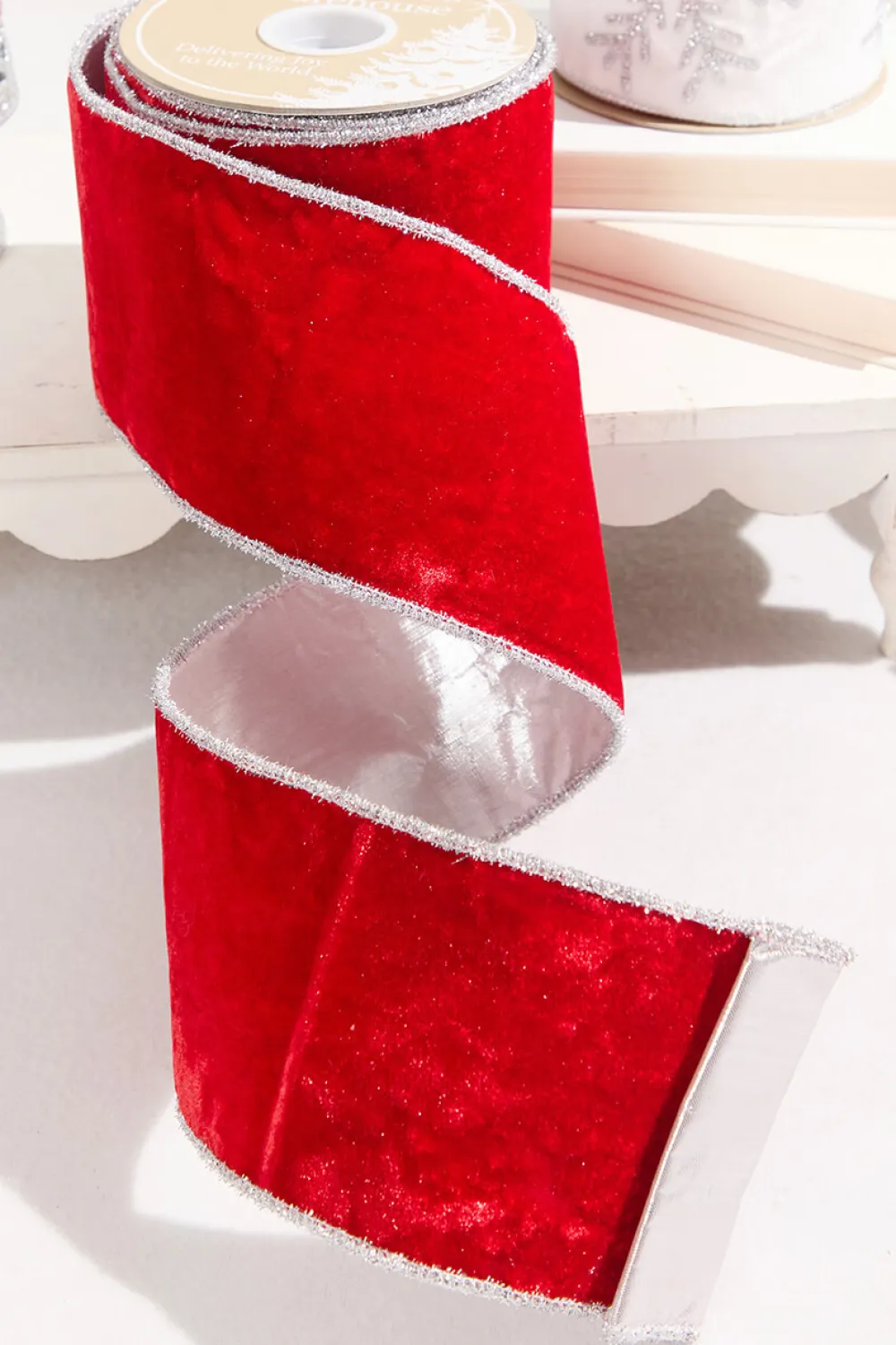 Decorator's Warehouse 4" x 10 Yard Red Velvet with Silver Tinsel Edge Ribbon > Christmas Decor|Christmas Ribbon
