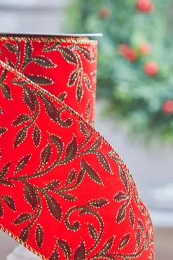 Decorator's Warehouse 4" x 10 Yard Red Velvet With Vine Wired Ribbon > Best Sellers|Christmas Ribbon