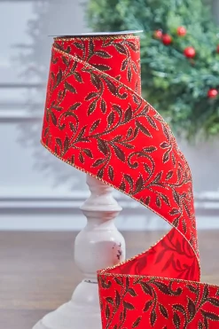 Decorator's Warehouse 4" x 10 Yard Red Velvet With Vine Wired Ribbon > Best Sellers|Christmas Ribbon