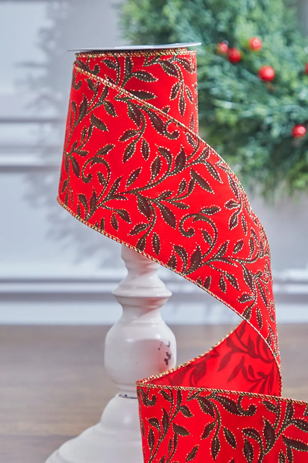 Decorator's Warehouse 4" x 10 Yard Red Velvet With Vine Wired Ribbon > Best Sellers|Christmas Ribbon