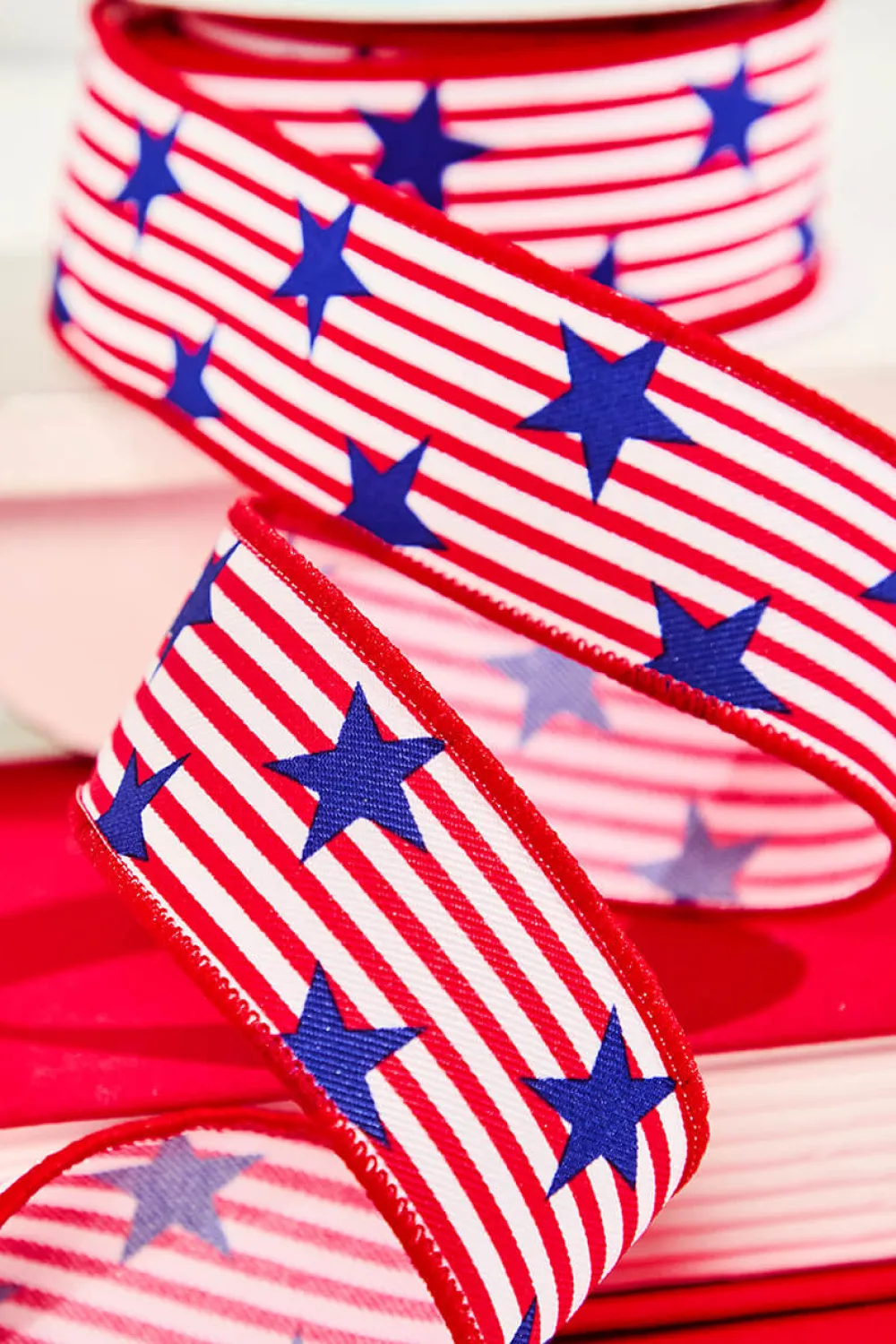 Decorator's Warehouse 1.5" x 10 Yard Red & White Striped Ribbon with Blue Stars > Patriotic Decor|Patriotic Decor