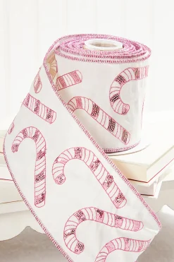 Decorator's Warehouse 4" x 5 Yard Sequin Embroidered Pink Candy Cane Ribbon > Christmas Ribbon|Christmas Decor