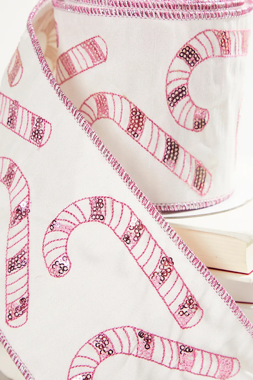 Decorator's Warehouse 4" x 5 Yard Sequin Embroidered Pink Candy Cane Ribbon > Christmas Ribbon|Christmas Decor