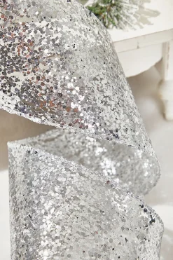 Decorator's Warehouse 4" x 10 Yard Silver Glitter Wired Ribbon > White Christmas|Christmas Ribbon