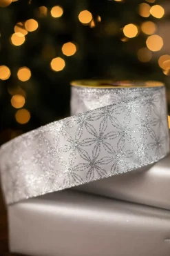 Decorator's Warehouse 2.5" x 10 Yard Silver Snowflakes on White Ribbon > White Christmas|Christmas Decor