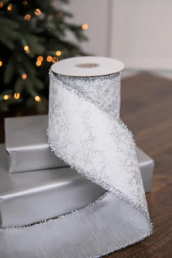 Decorator's Warehouse 4" x 5 Yard Snowflake Sparkle Print Dupion Ribbon > White Christmas|Christmas Ribbon