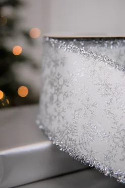 Decorator's Warehouse 4" x 5 Yard Snowflake Sparkle Print Dupion Ribbon > White Christmas|Christmas Ribbon