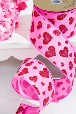 Decorator's Warehouse 2.5" x 10 Yards Pink Glitter Heart Ribbon > Valentine'S Ribbon|Christmas Decor