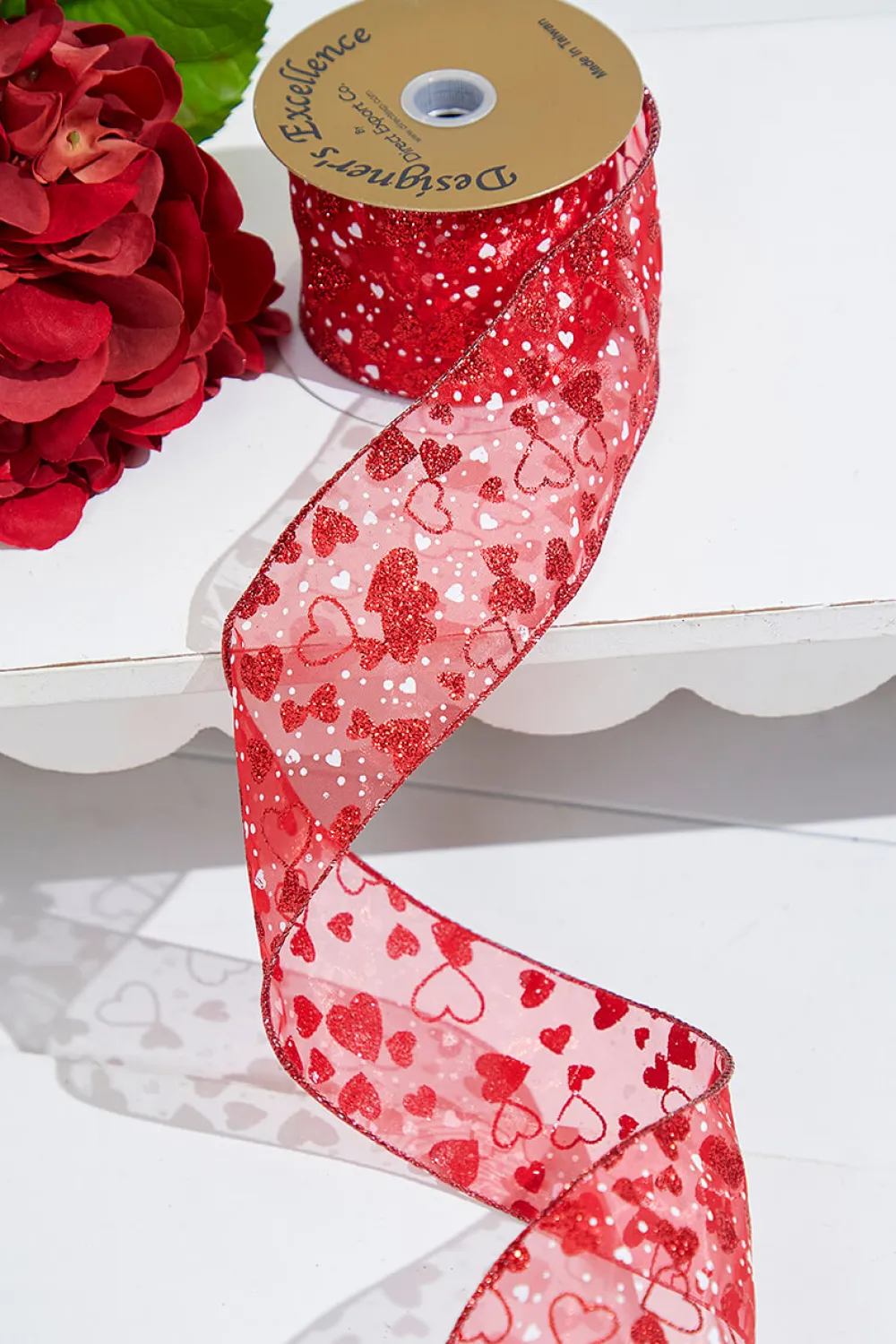 Decorator's Warehouse 2.5" x 10 Yards Red Glitter Heart Sheer Red Ribbon > Valentine'S Ribbon|Christmas Decor