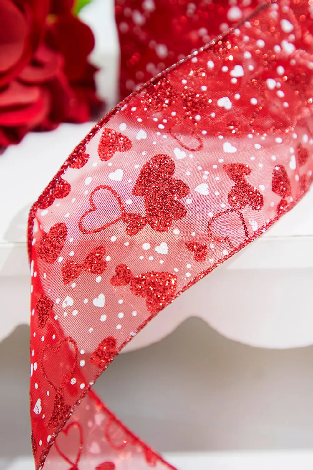 Decorator's Warehouse 2.5" x 10 Yards Red Glitter Heart Sheer Red Ribbon > Valentine'S Ribbon|Christmas Decor