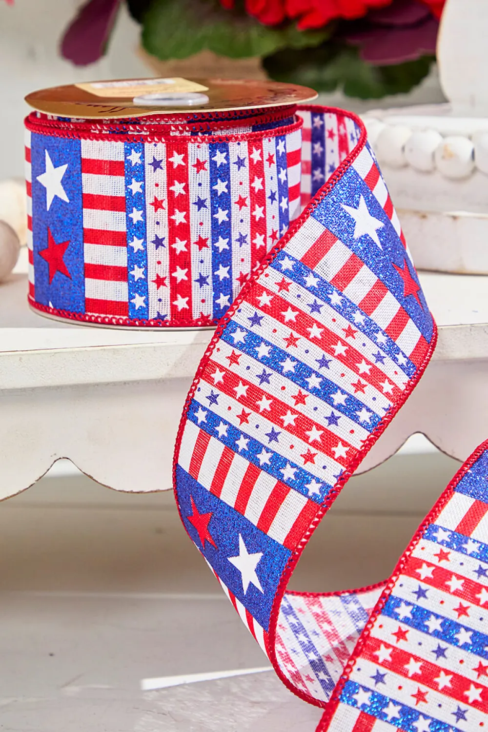 Decorator's Warehouse 2.5" x 10 Yard Stars & Stripes on White Canvas Ribbon > Patriotic Decor|Patriotic Decor