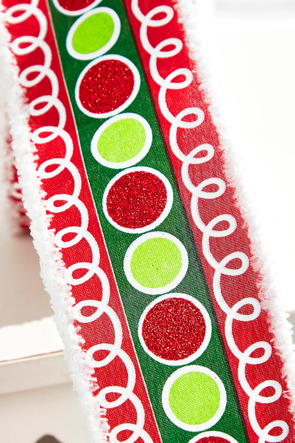 Decorator's Warehouse 2.5" x 10 Yard Stripe Glitter Circle Drift Ribbon — Red/Green > Christmas Decor|Christmas Ribbon