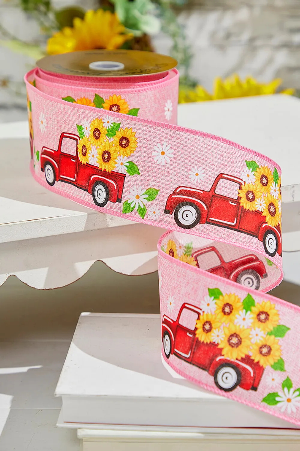 Decorator's Warehouse 2.5" x 10 Yards Truck with Flowers Pink Ribbon > Christmas Decor|Spring Decor