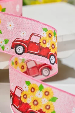 Decorator's Warehouse 2.5" x 10 Yards Truck with Flowers Pink Ribbon > Christmas Decor|Spring Decor