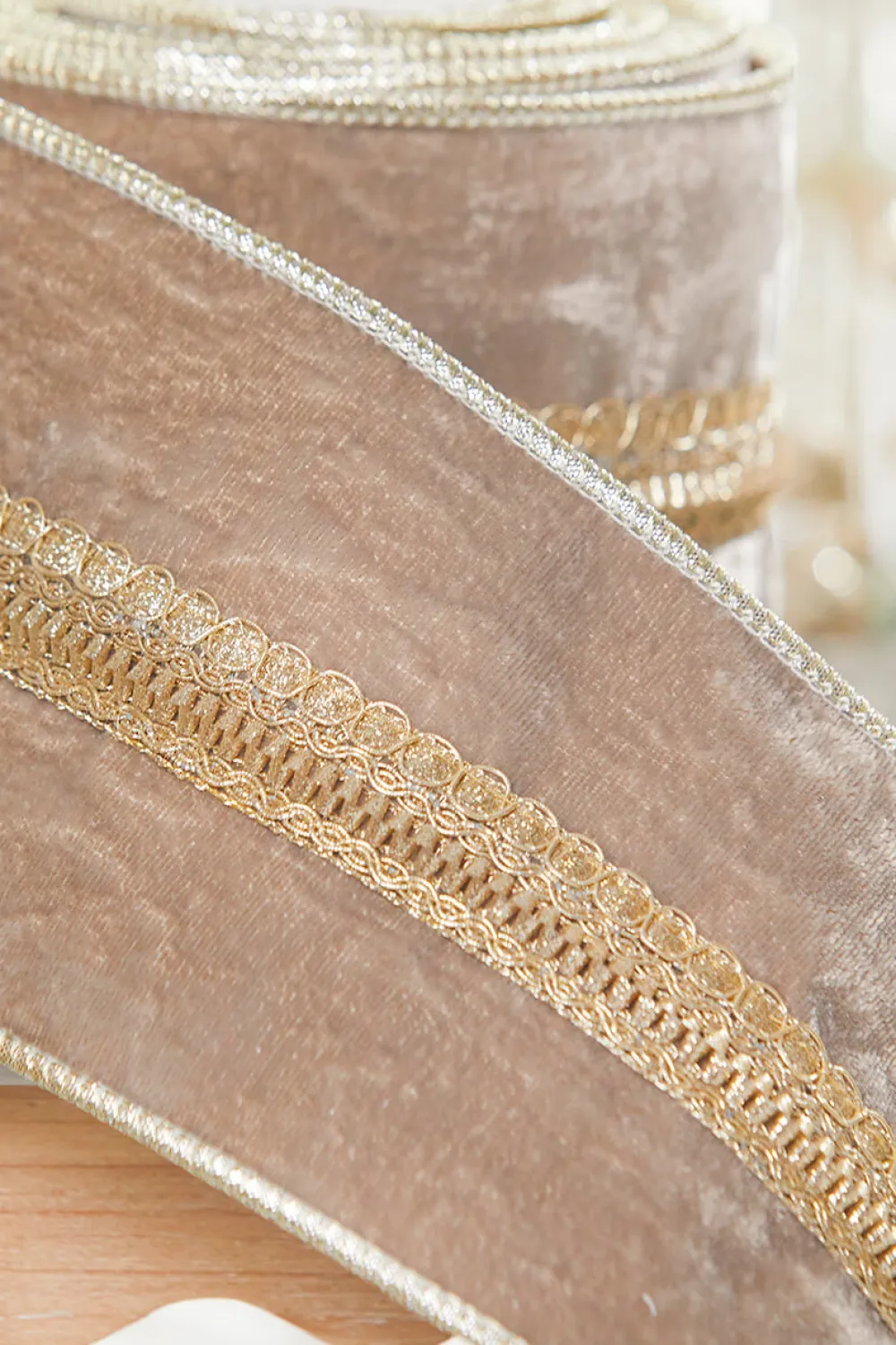 Decorator's Warehouse 4" x 5 Yard Taupe Velvet Metallic Edge Ribbon > Christmas Ribbon|Christmas Decor