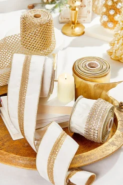 Decorator's Warehouse 4" x 5 Yard White and Gold Velvet Ribbon > Christmas Ribbon|Christmas Decor