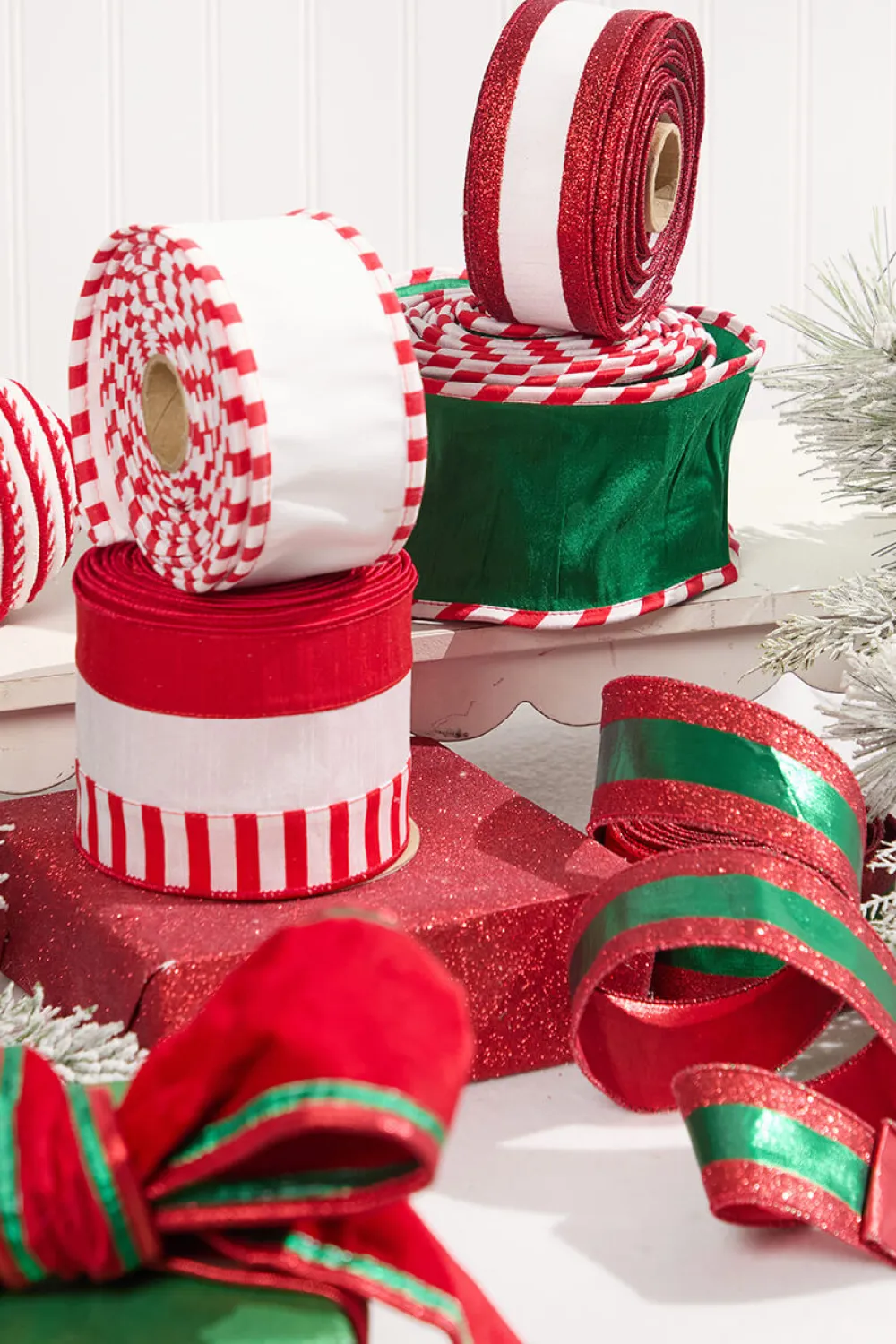 Decorator's Warehouse 2.5" x 10 Yard White Dupioni with Red Glitter Stripe Ribbon > North Pole Party|Christmas Ribbon