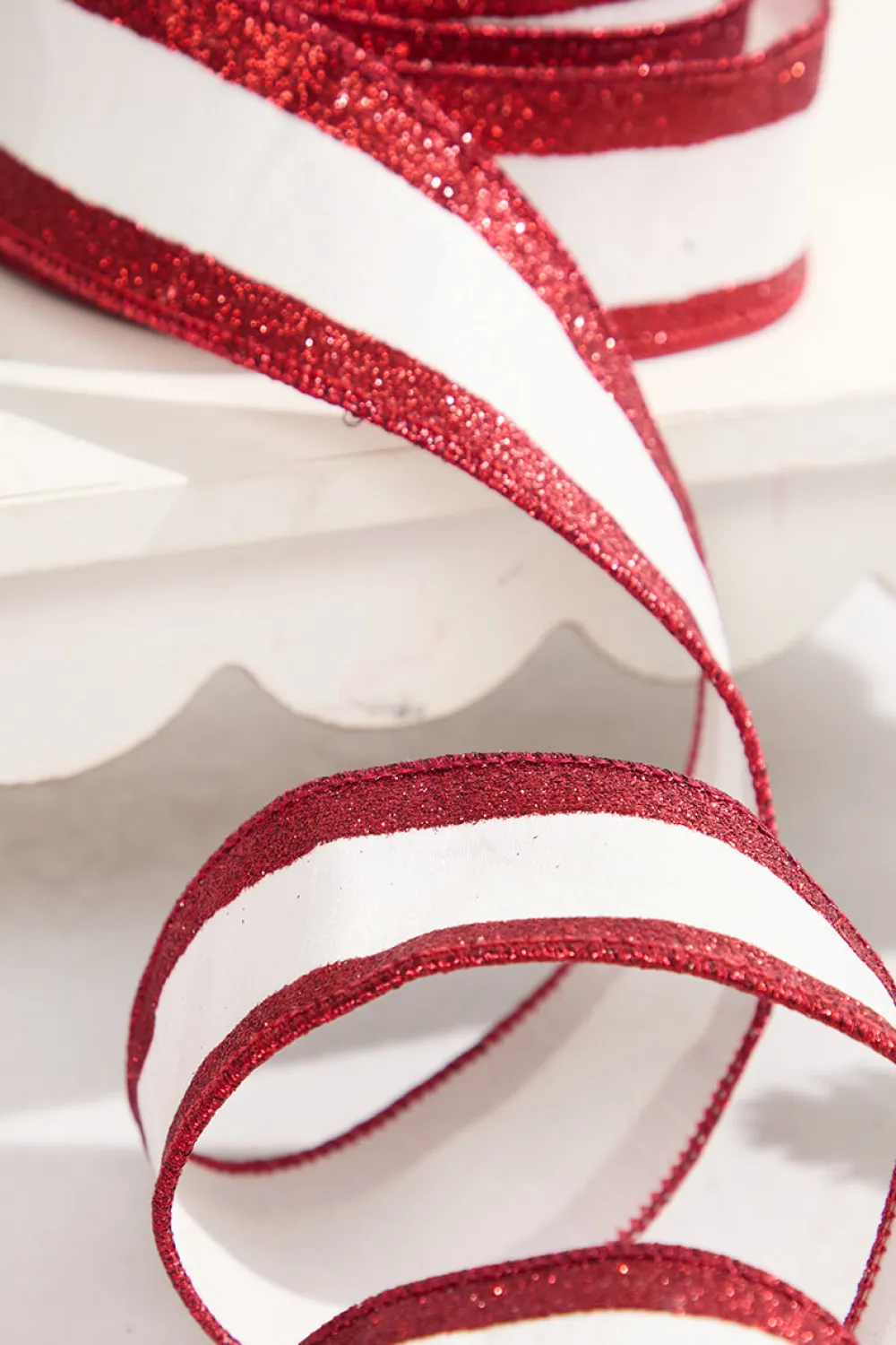 Decorator's Warehouse 2.5" x 10 Yard White Dupioni with Red Glitter Stripe Ribbon > North Pole Party|Christmas Ribbon